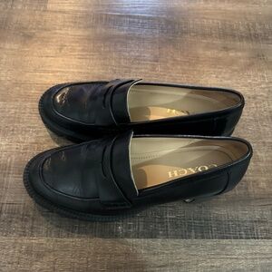 black heeled coach loafers